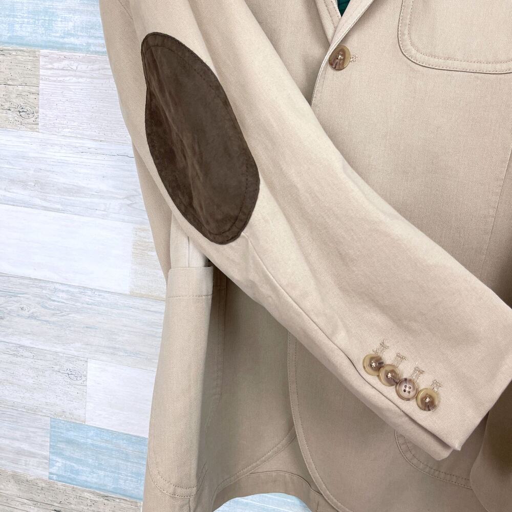 Lands End Twill Sport Coat Beige Elbow Patches Surgeon Cuffs Cotton Mens 40R - Picture 4 of 9